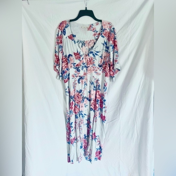 Oddy Midi Dress Baby Blue W Blue & Pink Florals Button Down Short Sleeve Size 2X - Picture 1 of 5